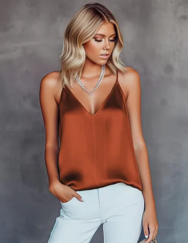 Vista 2 de Ekouaer Camisola de satén para mujer, cuello en V, lencería de seda, sin mangas, tirantes delgados, blusa casual con espalda cruzada