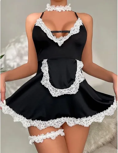 Vista 2 de Lencería sexy de sirvienta para mujer para sexo, disfraz de sirvienta francesa traviesa para juegos de rol, delantal con ribete de encaje, elegante