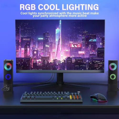 Vista 4 de Altavoces de computadora con cable diseñados para dispositivos de escritorio, sonido claro USB Plug and Play con iluminación RGB Características