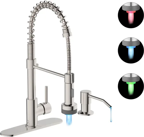 Vista 15 de Llave de cocina negra con luz LED, llave de cocina con dispensador de jabón, llave para fregadero de cocina, llave de cocina de acero inoxidable