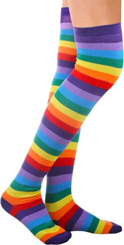 Vista 4 de Conjunto de calcetines de arco iris para mujer, a rayas, hasta la rodilla, calentador de brazos, guantes sin dedos