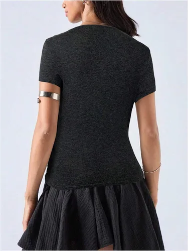 Vista 2 de SOLY HUX Camisetas de manga corta con cuello en V profundo para mujer Gris oscuro