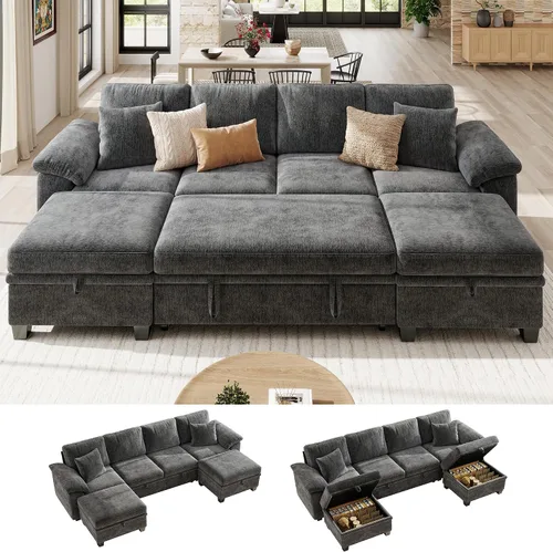 Vista 30 de Ihanherry Sofá modular de 86 pulgadas con cama extraíble, sofá cama modular en forma de L de 4 plazas con otomana de almacenamiento, sofás Verde