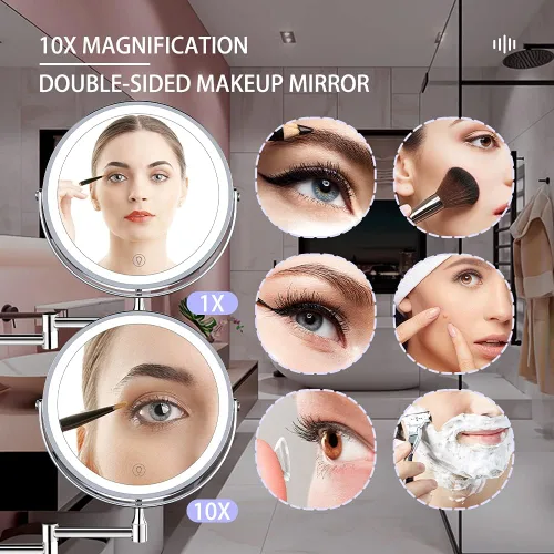 Vista 3 de Espejo de maquillaje iluminado para montar en la pared, espejo extensible de doble cara con aumento de 10X, espejo de aumento LED de 8 pulgadas