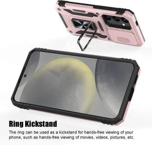 Vista 7 de Funda para Samsung Galaxy S24, a prueba de golpes, con cubierta deslizante para cámara y soporte de anillo giratorio + protector de pantalla