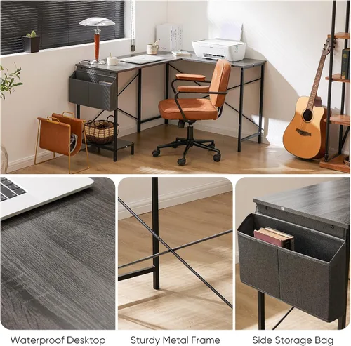 Vista 8 de Sweetcrispy Escritorio para juegos en forma de L, mesa de esquina para computadora, juegos de PC con soporte de CPU, bolsa lateral para el hogar