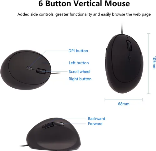 Vista 8 de Ratón óptico ergonómico vertical con cable USB para computadora, computadora portátil, PC, computadora de escritorio, Mac, oficina, escritorio