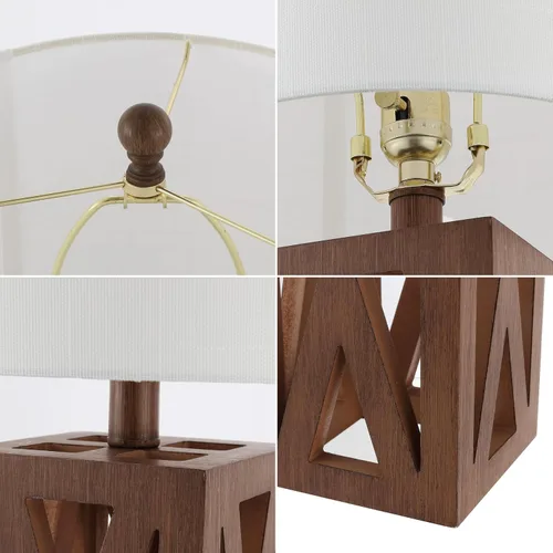 Vista 5 de JONATHAN Y Lámpara de mesa de madera de granja marrón de 21.5 pulgadas para mesita de noche y sala de estar, pantalla de tambor de lino blanco