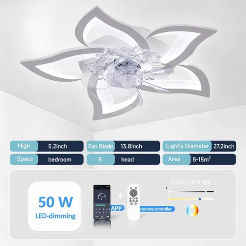 Vista 2 de Bevenus - Ventilador de techo de perfil bajo con luces, 110v moderno atenuable en forma de flor, control remoto/control por aplicación, ventilador