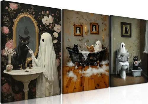 Vista 12 de Obras de arte en lienzo de fantasmas de Halloween para baño, decoración de pared con fantasmas de terror y lindo gato negro en la bañera, pinturas