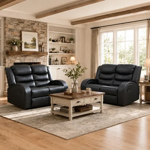 Vista 13 de Juego de sofá reclinable de 3 piezas, juego de muebles de sala de estar, sofá reclinable seccional de cuero, sofá reclinable manual, cómodo asiento