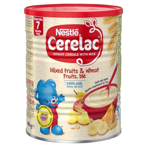 Vista 2 de Nestlé Cerelac, mezcla de frutas y trigo con leche, lata de 14.1 onzas
