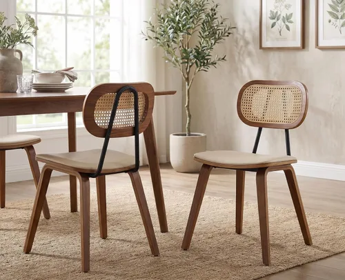 Vista 21 de Juego de 2 sillas de comedor de ratán, asiento de piel sintética Beige/Negro