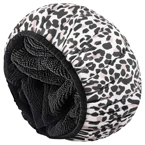 Vista 13 de Aquior Gorro de ducha con forro de rizo para mujer, reutilizable, triple capa impermeable, extra grande para mujeres de pelo largo (negro)