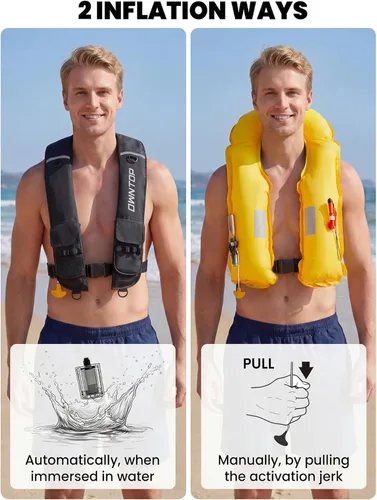 Vista 2 de Owntop Chaqueta de natación inflable para adultos, convertible automática/manual, cuello de neopreno, bolsillos grandes con solapa y trabillas