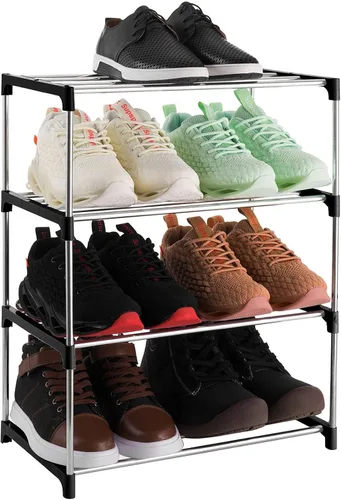 Vista 8 de Estante de zapatos pequeño apilable de 3 niveles, organizador de almacenamiento ligero para entrada, pasillo y armario (negro)