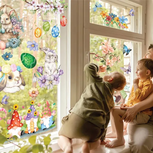 Vista 3 de WALPLUS Decoración de primavera para ventana de conejito de Pascua, decoración de primavera, de verano, reutilizable, para despegar y pegar