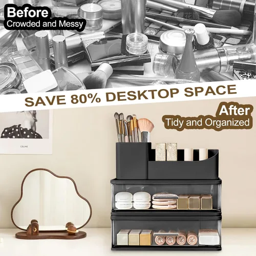 Vista 3 de DASITON Organizador de maquillaje para tocador con 2 cajones, organizador de cosméticos apilable con soporte para brochas de maquillaje, organizador