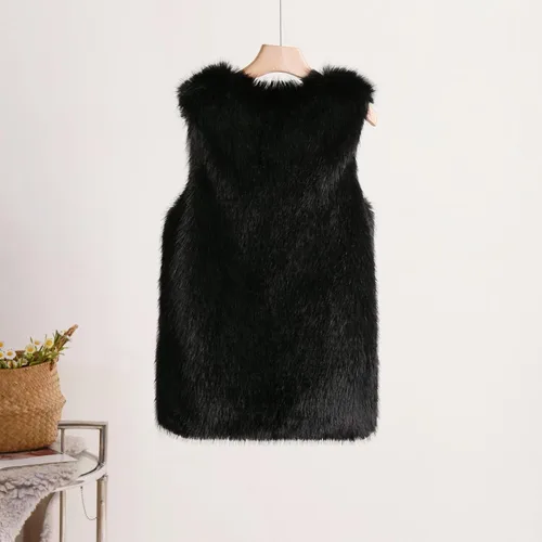 Vista 3 de Chaleco de invierno para mujer, abrigo cálido, chaleco de piel sintética, sin mangas, casual, delgado, chaqueta sólida