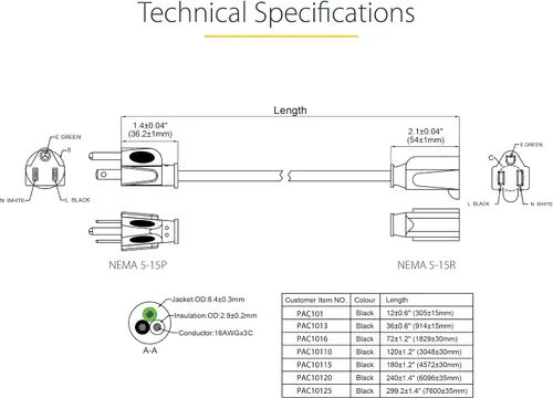 Vista 4 de StarTech.com Cable de extensión corta de 1 pie (0,3 m) - 125V a 13A, NEMA 5-15R a NEMA 5-15P - Cable de extensión de alimentación - Negro - Cable