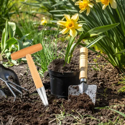 Vista 7 de XIHIRCD Dibber de mano con mango de madera, herramienta de jardinería Dibbler de acero inoxidable, perforador de agujero de cabeza de mano, maceta