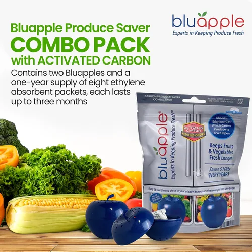 Vista 2 de Bluapple Produce Saver - Absorbedor de gas de etileno de 1 año con carbón activado, 2 Bluapples + 8 paquetes (0.31 onzas cada uno), extensor