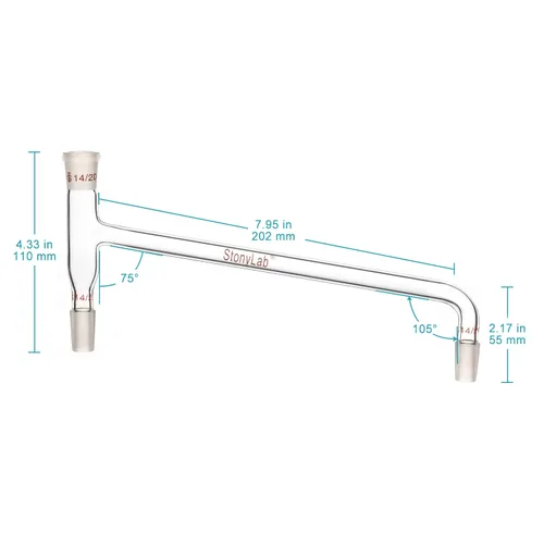 Vista 2 de stonylab Adaptador de destilación doblado de 75 grados de vidrio de borosilicato, con dos juntas interiores 14/20 y una junta externa