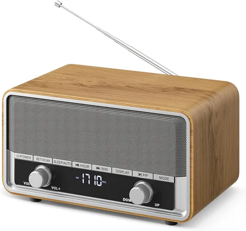 Vista 11 de Radio Bluetooth AM FM de madera retro con pantalla de tiempo