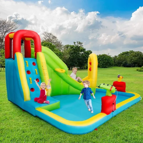 Vista 8 de OLAKIDS Tobogán acuático inflable, casa de rebote 7 en 1 con 2 toboganes, pared de escalada, piscina de salpicaduras, borde de baloncesto, 2