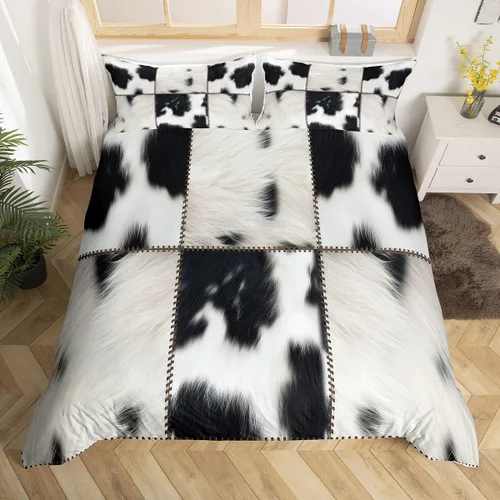Vista 11 de Juego de ropa de cama con estampado de piel de vaca para niños, juego de funda de edredón con patrón de piel de vaca, juego de funda de edredón