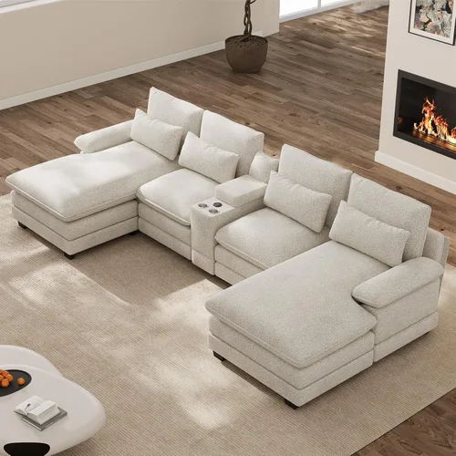 Vista 14 de Sofá nube en forma de U de 130 pulgadas con casa para gatos, sofá modular de gran tamaño para sala de estar, cómodo sofá grande de chenilla, juego