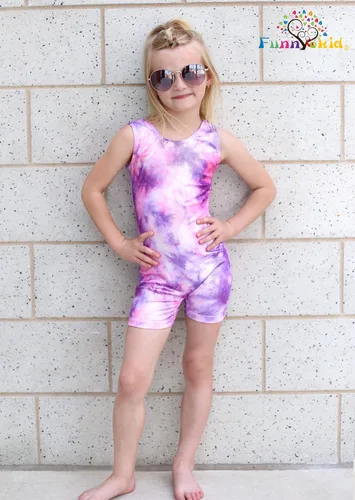 Vista 4 de Funnycokid Leotardos de gimnasia para niñas con pantalones cortos, unitardos de baile brillantes de sirena, pantalones de ciclismo activos de 2 a 10