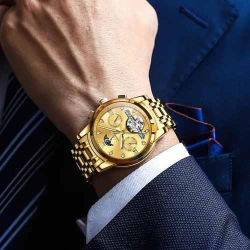 Vista 2 de OLEVS Relojes automáticos para hombre, impermeable, vestido de lujo, cuerda automática, esqueleto mecánico, tourbillon, fase lunar, acero