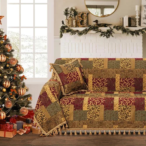 Vista 10 de Loom and Mill Fundas de sofá de lujo, funda clásica de damasco jacquard grueso para sofá, protector de muebles con borde de encaje y borlas hechas a