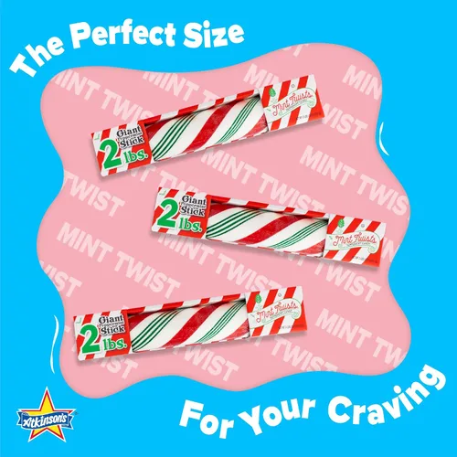 Vista 2 de Palitos retorcidos de menta Giant Peppermint, 2 lb Oversized soft candy sticks, gluten free, kosher, vegan. A nostalgic holiday treat since 1932.