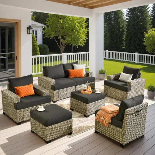 Vista 38 de HOOOWOOO Juego de Muebles Seccionales para Patio al Aire Libre, 6 Piezas Juegos de Conversación de Mimbre Sofá en Forma de L, Sofá Extra Profundo