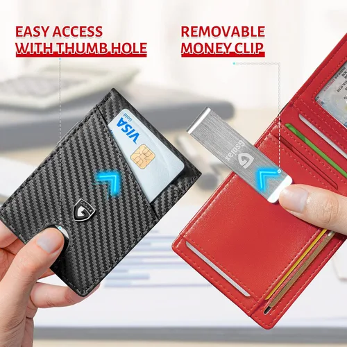 Vista 31 de GSOIAX Cartera delgada de cuero plegable RFID para hombre, billetera minimalista con bolsillo frontal con clip para dinero, 12 ranuras para Negro