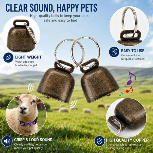 Vista 4 de Paquete de 5 collares reflectantes de cabra con campanas, collar para mascotas antipérdida Adjustable Nylon Collar & Sheep Grazing Copper Bells