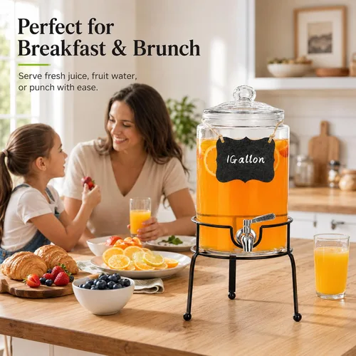 Vista 2 de Dispensador de bebidas de 1 galón, 1 paquete, dispensador de bebidas de espita de acero inoxidable para fiestas con soporte, recipiente de vidrio