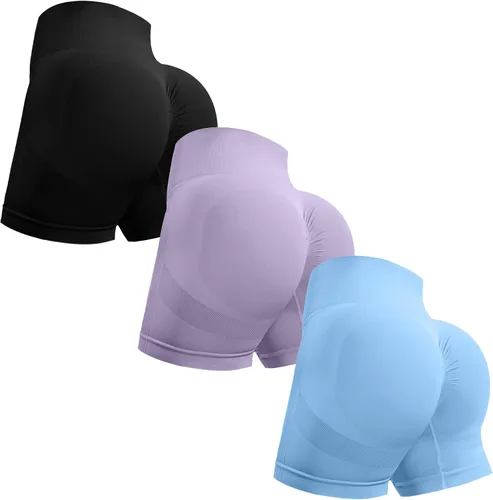 Vista 24 de Ovesport 3 piezas de pantalones cortos de entrenamiento para mujer, sin costuras, con levantamiento de glúteos, cintura alta, para yoga, gimnasio