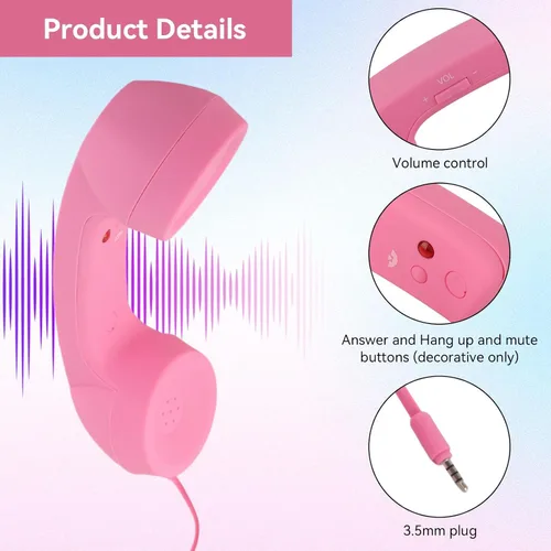 Vista 4 de Auricular de teléfono para teléfono celular, teléfono retro rosa con conector de 0.138 in, receptor de teléfono móvil, auriculares antiguos