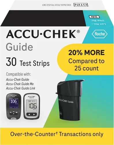 Vista 10 de Accu-Chek Guide Tiras de prueba de glucosa para prueba de azúcar en sangre en diabéticos (paquete de 25)