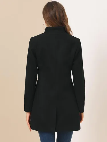 Vista 5 de Allegra K Abrigo de invierno para mujer, abrigo de lana con un solo botonadura y cuello alto medio largo