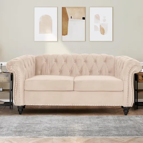 Vista 38 de Sofá moderno de 3 plazas, muebles de sofá grande, con brazo enrollable, sofá Chesterfield clásico copetudo de cuero con respaldo de asiento copetudo