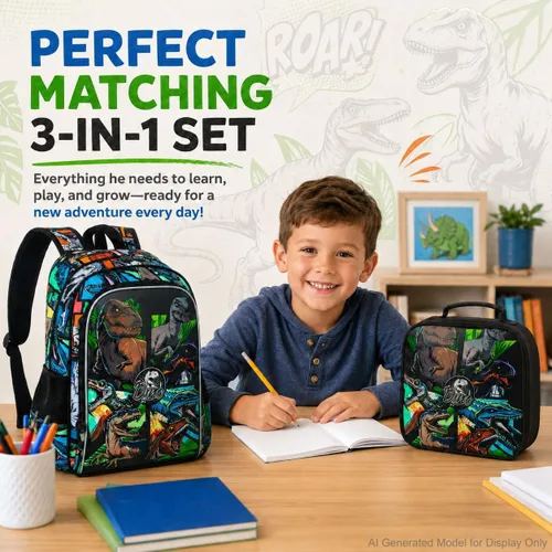 Vista 7 de CCJPX 3Pcs Backpack for Boys, 16 Inch Preschool Elementary Kindergarten School Backpacks and Lunch Box Aa1-dinosaurio Negro