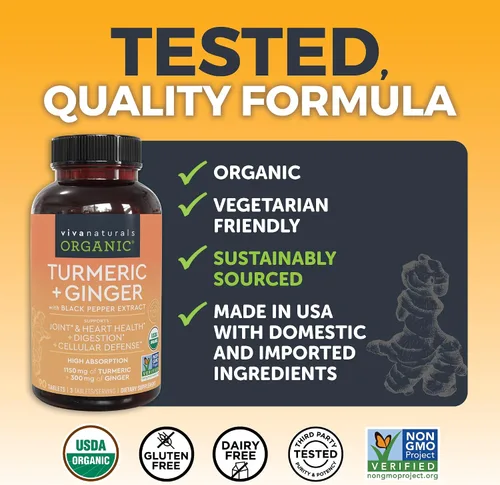 Vista 4 de Viva Naturals Suplemento de cúrcuma y jengibre con pimienta negra para una mejor absorción, curcumina de cúrcuma orgánica para apoyar la salud