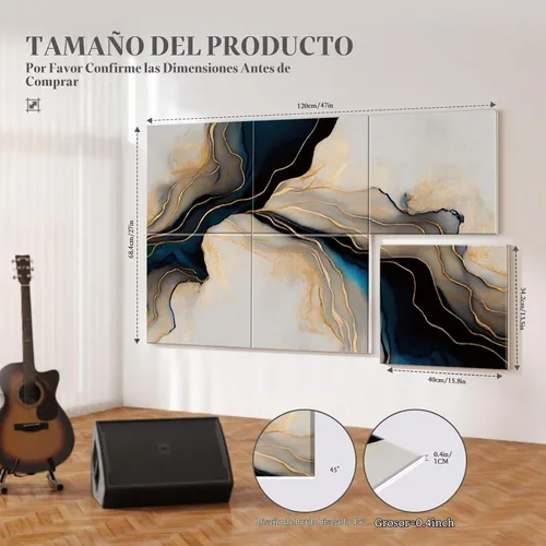 Vista 2 de JBER Paquete de 6 paneles acústicos artísticos, paneles de pared insonorizados de 47.2 x 27 pulgadas, paneles de pared autoadhesivos grandes Mármol