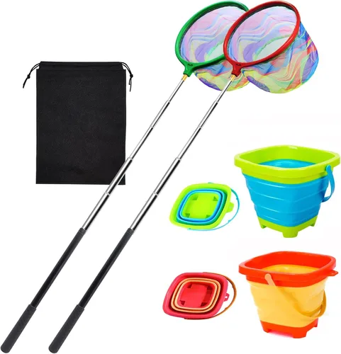 Vista 9 de 2PCS Fishing Net with Bucket, Telescopic Fishing Landing Net, Collapsible Youth Sand Bucket, Youth Fish Butterfly Catching for Freshwater Saltwater