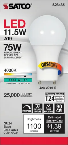 Vista 2 de Satco S28485, 11.5 vatios, 90CRI, 4000K, base GU24, ángulo de haz de 220 grados, 120 voltios, 1100 lúmenes, CEC, bombilla LED A19