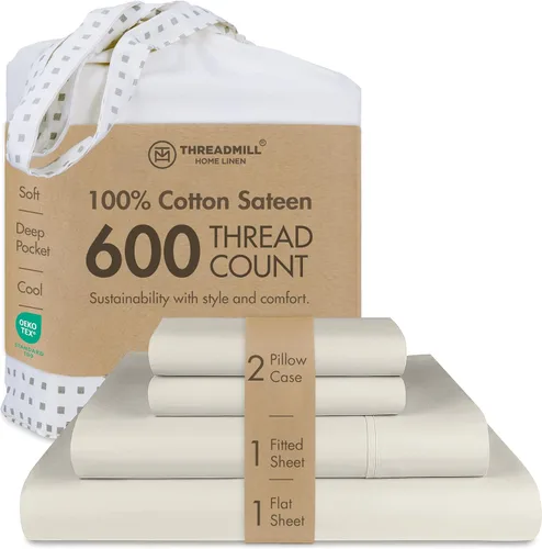Vista 28 de Threadmill Sábanas de tamaño matrimonial, 100 % algodón puro de 600 hilos, 4 piezas, damasco, gris oscuro, calidad de hotel, sábanas de algodón